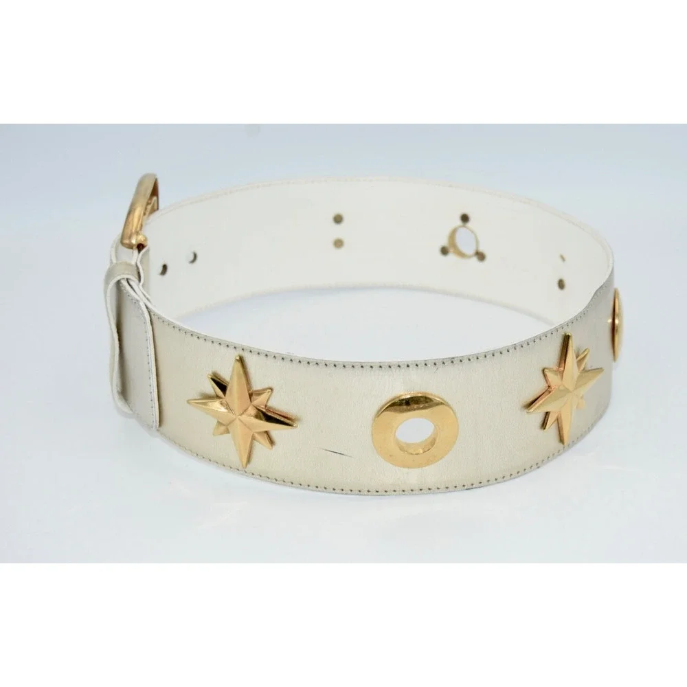 34Vintage Escada Champagne Metallic Gold Star Charm Leather Waist Belt 34